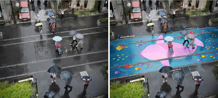 首尔街头神奇涂鸦 下雨天路面变卡通