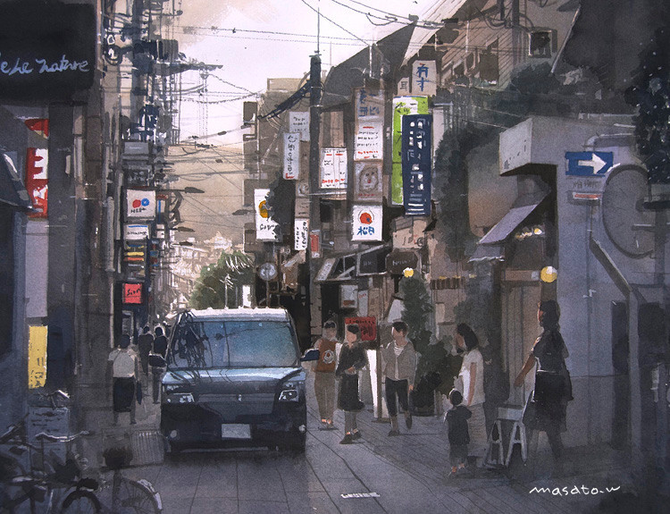 日本水彩画家Masato Watanabe的城市小景